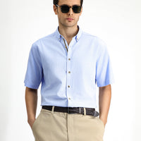 Light Blue Short Sleeve Regular Fit Button-Down Collar Linen-Look Cotton Sport Shirt