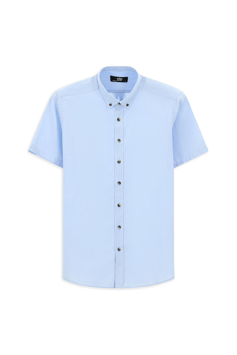 Light Blue Short Sleeve Regular Fit Button-Down Collar Linen-Look Cotton Sport Shirt