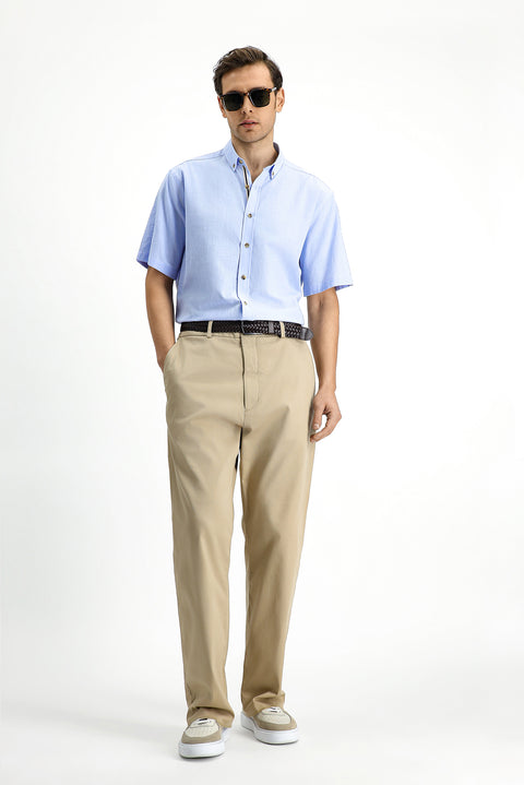 Light Blue Short Sleeve Regular Fit Button-Down Collar Linen-Look Cotton Sport Shirt