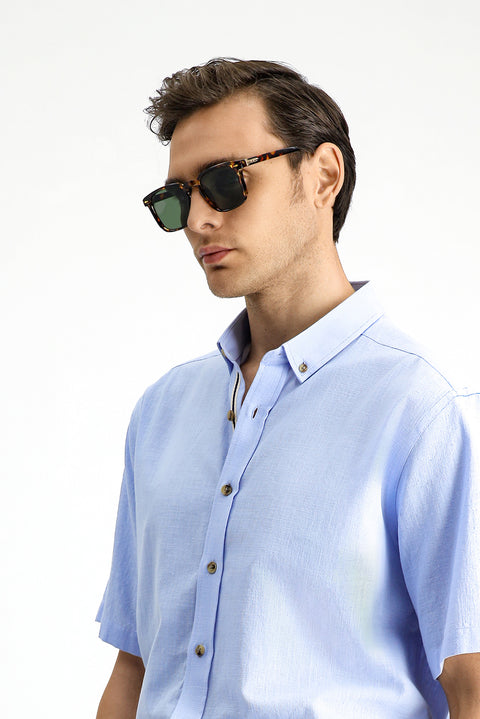 Light Blue Short Sleeve Regular Fit Button-Down Collar Linen-Look Cotton Sport Shirt