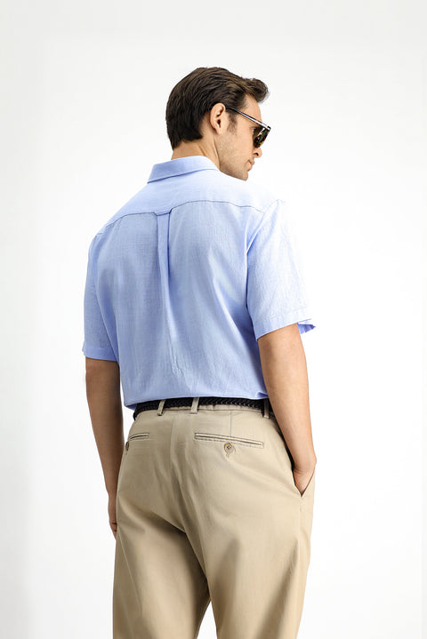 Light Blue Short Sleeve Regular Fit Button-Down Collar Linen-Look Cotton Sport Shirt
