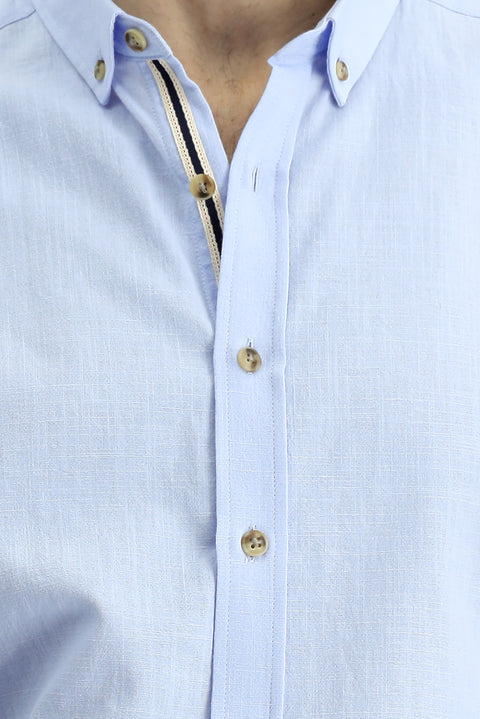 Light Blue Short Sleeve Regular Fit Button-Down Collar Linen-Look Cotton Sport Shirt