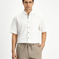 White Short Sleeve Regular Fit Button-Down Collar Linen-Look Cotton Sport Shirt