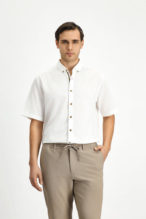 White Short Sleeve Regular Fit Button-Down Collar Linen-Look Cotton Sport Shirt