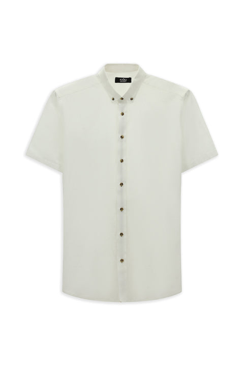 White Short Sleeve Regular Fit Button-Down Collar Linen-Look Cotton Sport Shirt