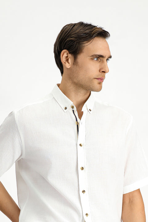 White Short Sleeve Regular Fit Button-Down Collar Linen-Look Cotton Sport Shirt