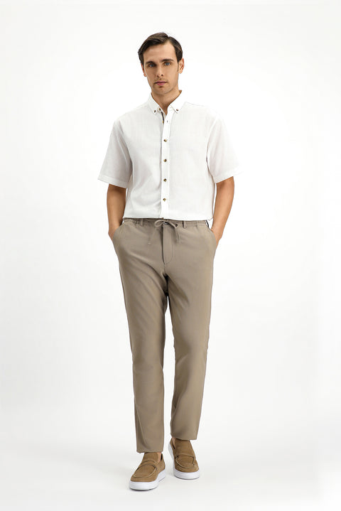 White Short Sleeve Regular Fit Button-Down Collar Linen-Look Cotton Sport Shirt