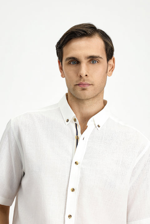 White Short Sleeve Regular Fit Button-Down Collar Linen-Look Cotton Sport Shirt
