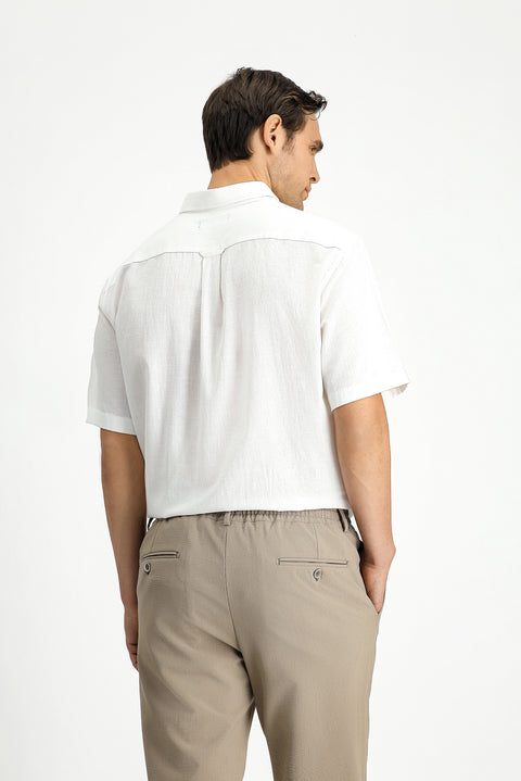 White Short Sleeve Regular Fit Button-Down Collar Linen-Look Cotton Sport Shirt