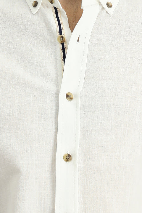 White Short Sleeve Regular Fit Button-Down Collar Linen-Look Cotton Sport Shirt