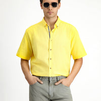 Light Yellow Short Sleeve Regular Fit Button-Down Collar Linen-Look Cotton Sport Shirt