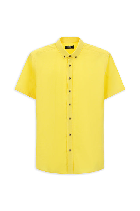 Light Yellow Short Sleeve Regular Fit Button-Down Collar Linen-Look Cotton Sport Shirt
