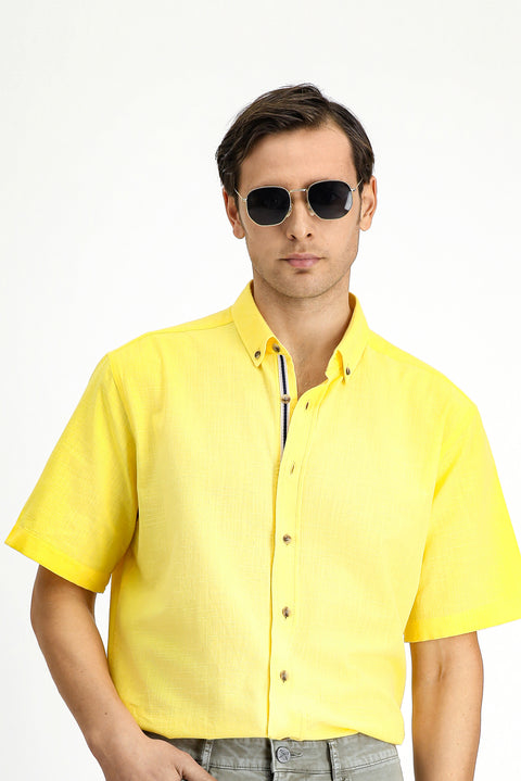 Light Yellow Short Sleeve Regular Fit Button-Down Collar Linen-Look Cotton Sport Shirt