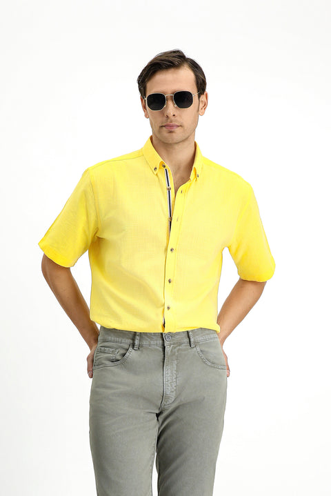 Light Yellow Short Sleeve Regular Fit Button-Down Collar Linen-Look Cotton Sport Shirt