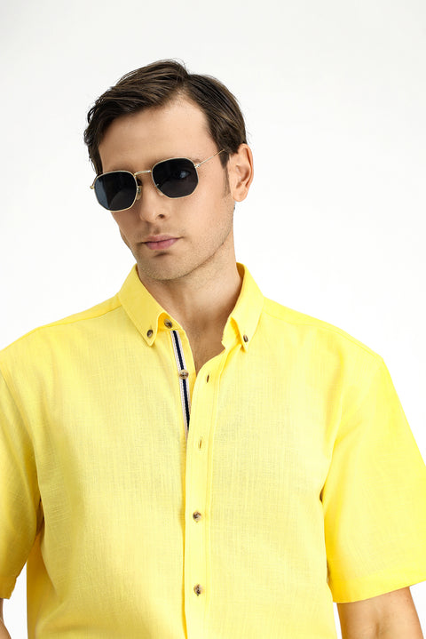 Light Yellow Short Sleeve Regular Fit Button-Down Collar Linen-Look Cotton Sport Shirt
