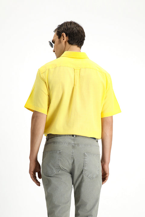 Light Yellow Short Sleeve Regular Fit Button-Down Collar Linen-Look Cotton Sport Shirt