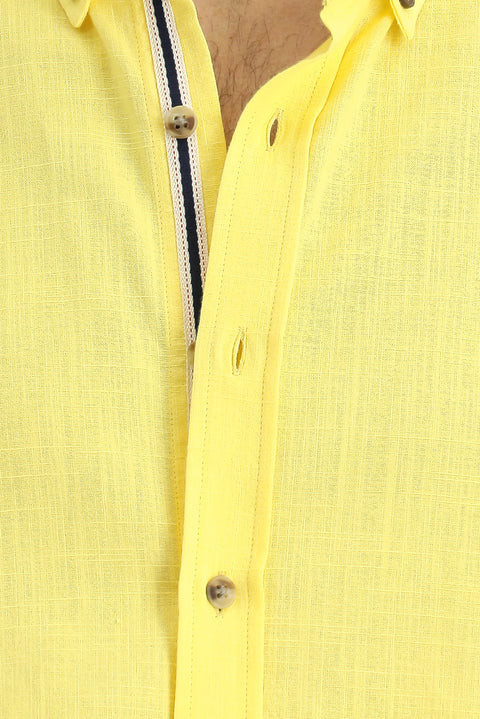 Light Yellow Short Sleeve Regular Fit Button-Down Collar Linen-Look Cotton Sport Shirt