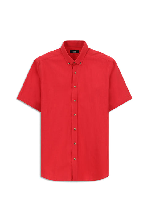 Light Red Short Sleeve Regular Fit Button-Down Collar Linen-Look Cotton Sport Shirt