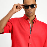 Light Red Short Sleeve Regular Fit Button-Down Collar Linen-Look Cotton Sport Shirt