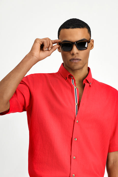 Light Red Short Sleeve Regular Fit Button-Down Collar Linen-Look Cotton Sport Shirt
