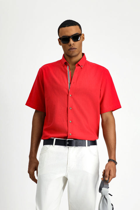 Light Red Short Sleeve Regular Fit Button-Down Collar Linen-Look Cotton Sport Shirt