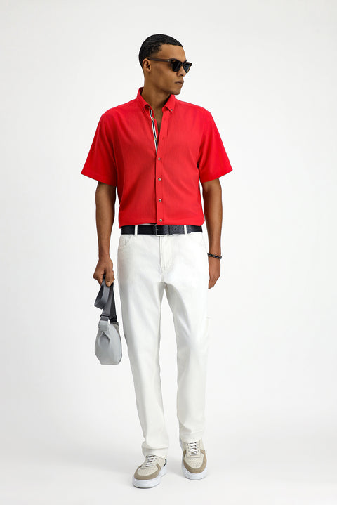 Light Red Short Sleeve Regular Fit Button-Down Collar Linen-Look Cotton Sport Shirt
