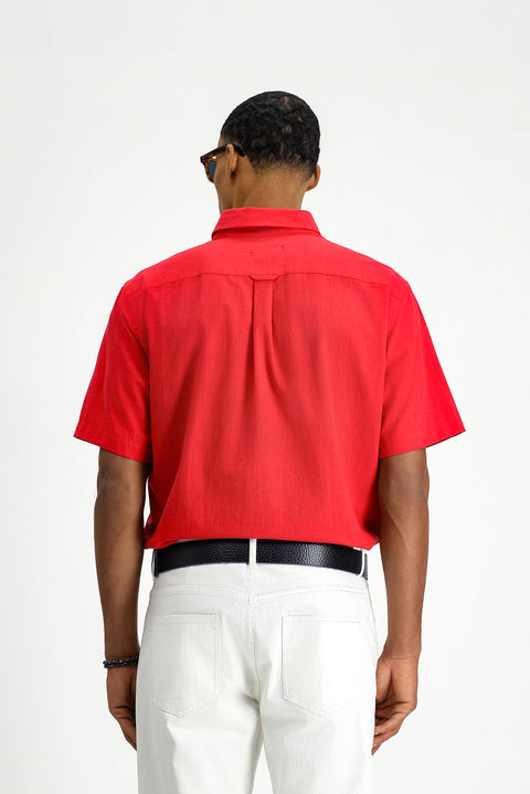 Light Red Short Sleeve Regular Fit Button-Down Collar Linen-Look Cotton Sport Shirt