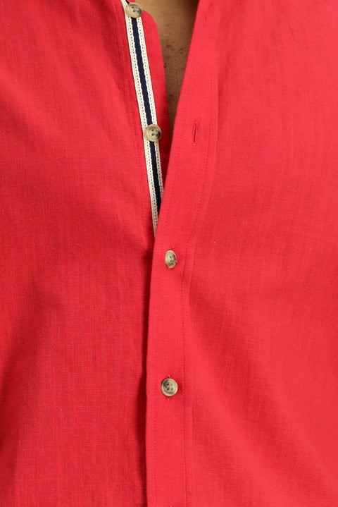 Light Red Short Sleeve Regular Fit Button-Down Collar Linen-Look Cotton Sport Shirt