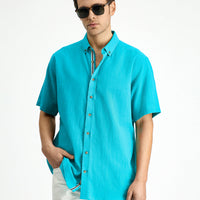 Dark Turquoise Short Sleeve Regular Fit Button-Down Collar Linen-Look Cotton Sport Shirt