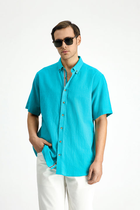 Dark Turquoise Short Sleeve Regular Fit Button-Down Collar Linen-Look Cotton Sport Shirt