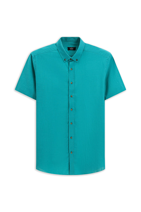 Dark Turquoise Short Sleeve Regular Fit Button-Down Collar Linen-Look Cotton Sport Shirt