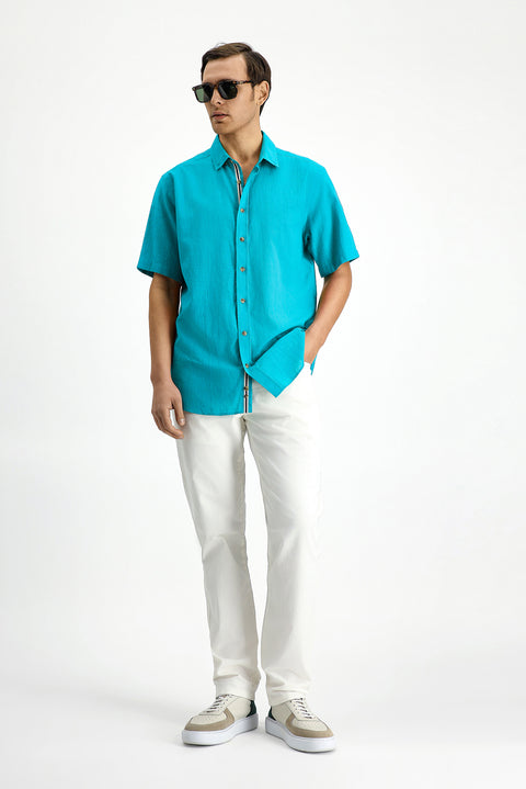 Dark Turquoise Short Sleeve Regular Fit Button-Down Collar Linen-Look Cotton Sport Shirt