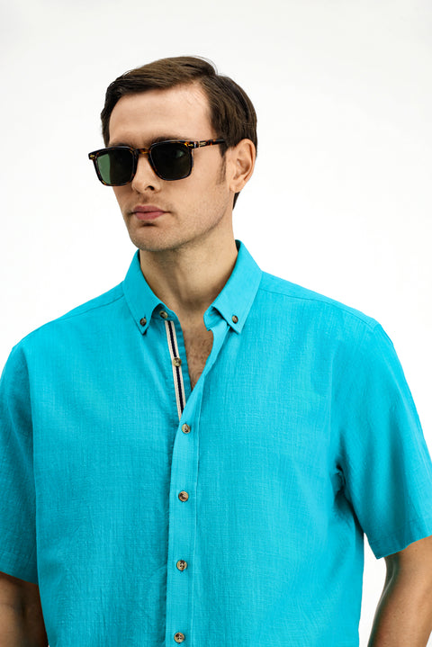 Dark Turquoise Short Sleeve Regular Fit Button-Down Collar Linen-Look Cotton Sport Shirt