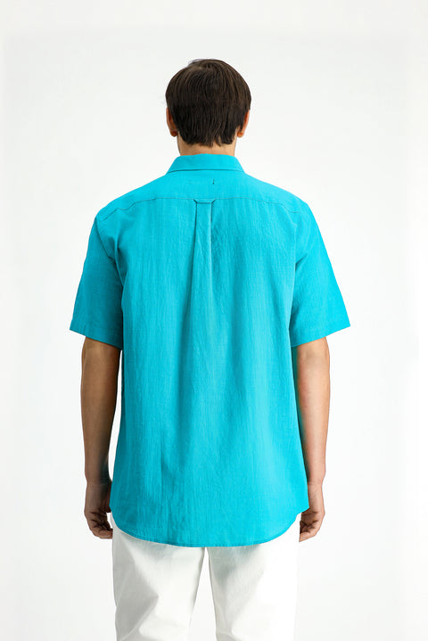 Dark Turquoise Short Sleeve Regular Fit Button-Down Collar Linen-Look Cotton Sport Shirt