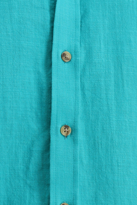 Dark Turquoise Short Sleeve Regular Fit Button-Down Collar Linen-Look Cotton Sport Shirt