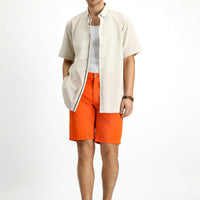 Light Mink Short Sleeve Regular Fit Button-Down Collar Linen-Look Cotton Sport Shirt