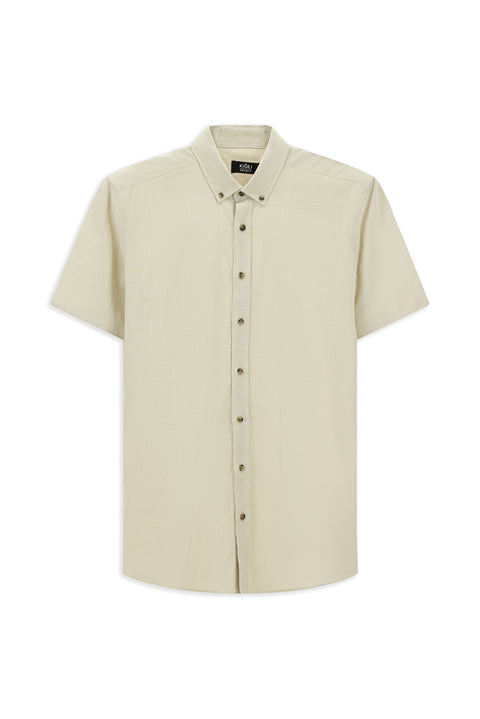 Light Mink Short Sleeve Regular Fit Button-Down Collar Linen-Look Cotton Sport Shirt