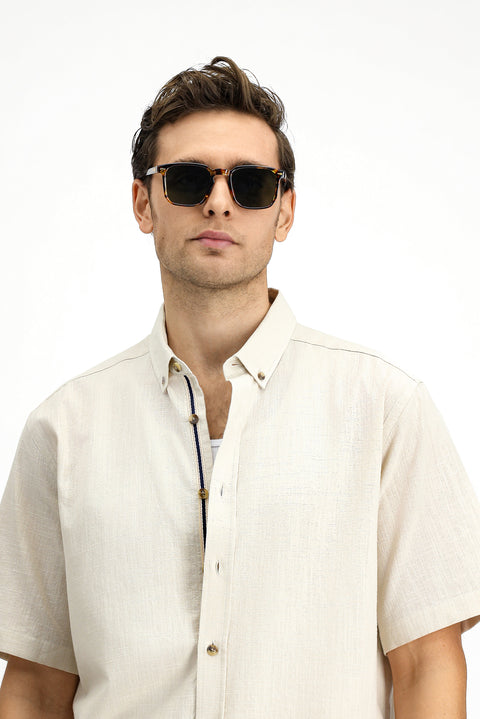 Light Mink Short Sleeve Regular Fit Button-Down Collar Linen-Look Cotton Sport Shirt