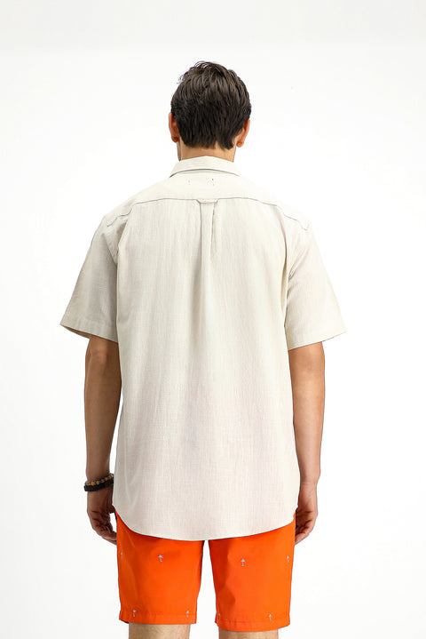 Light Mink Short Sleeve Regular Fit Button-Down Collar Linen-Look Cotton Sport Shirt