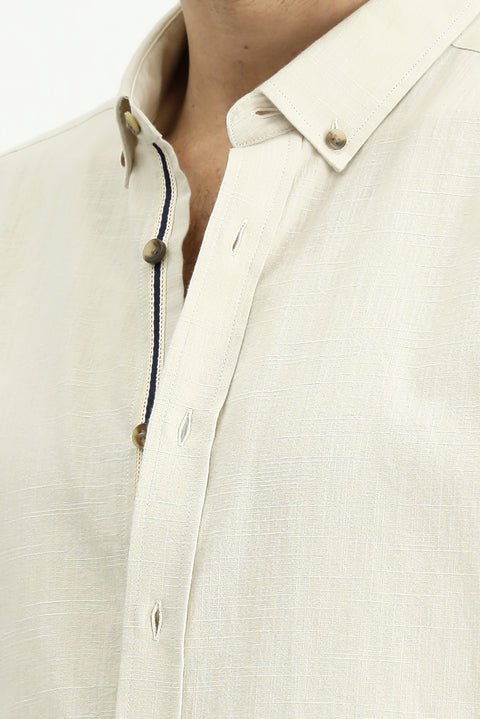 Light Mink Short Sleeve Regular Fit Button-Down Collar Linen-Look Cotton Sport Shirt