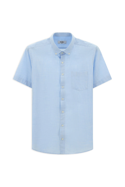 Light Blue Short Sleeve Regular Fit Button-Down Collar Cotton Shirt