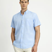 Light Blue Short Sleeve Regular Fit Button-Down Collar Cotton Shirt