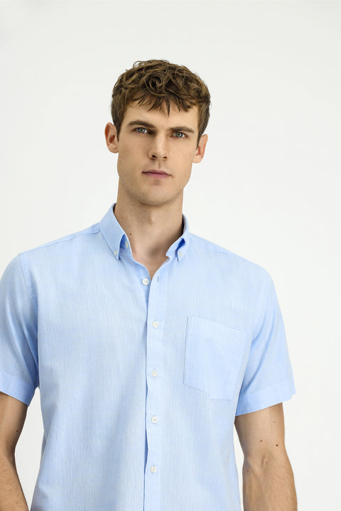 Light Blue Short Sleeve Regular Fit Button-Down Collar Cotton Shirt