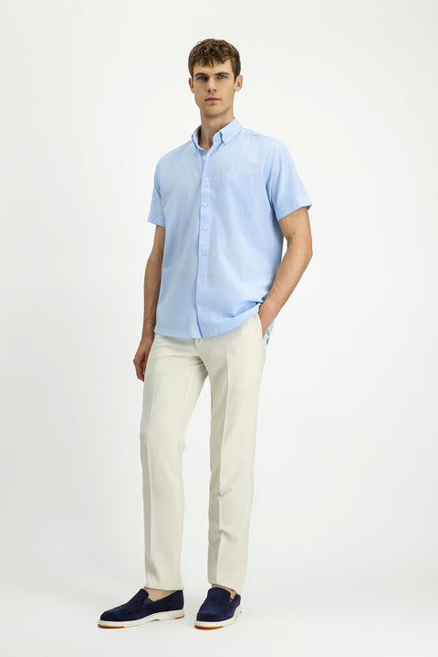 Light Blue Short Sleeve Regular Fit Button-Down Collar Cotton Shirt