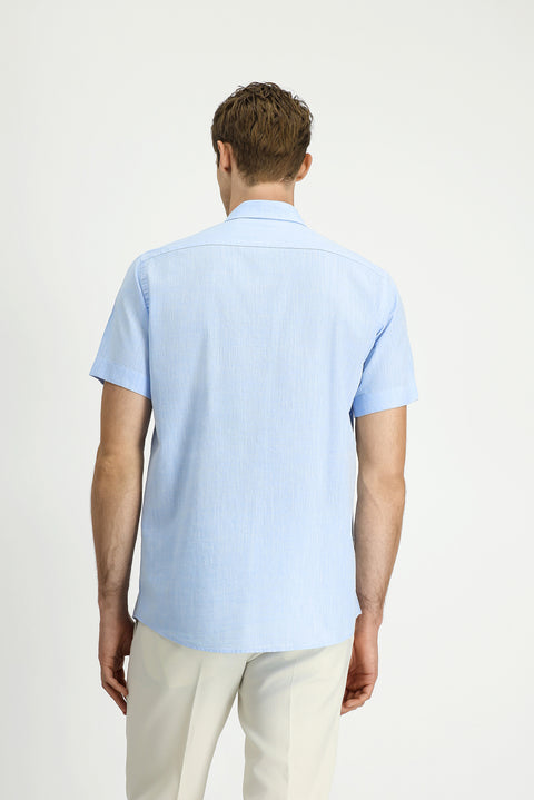 Light Blue Short Sleeve Regular Fit Button-Down Collar Cotton Shirt