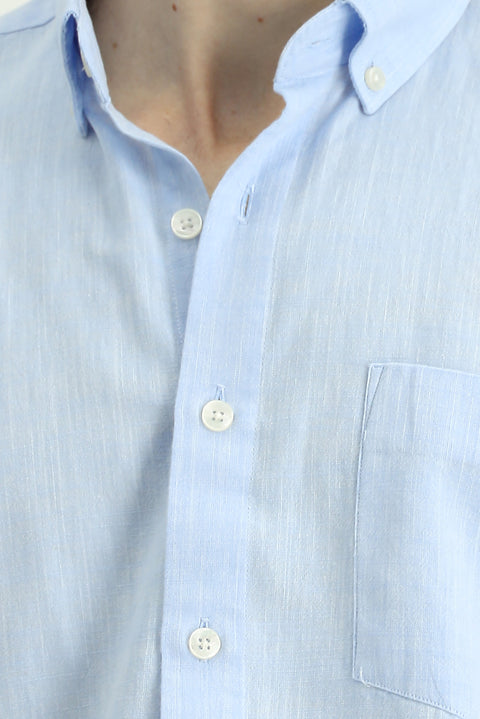 Light Blue Short Sleeve Regular Fit Button-Down Collar Cotton Shirt