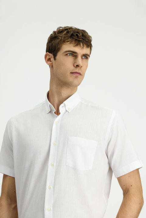 White Short Sleeve Regular Fit Button-Down Collar Cotton Shirt
