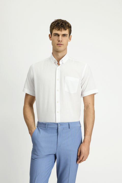 White Short Sleeve Regular Fit Button-Down Collar Cotton Shirt