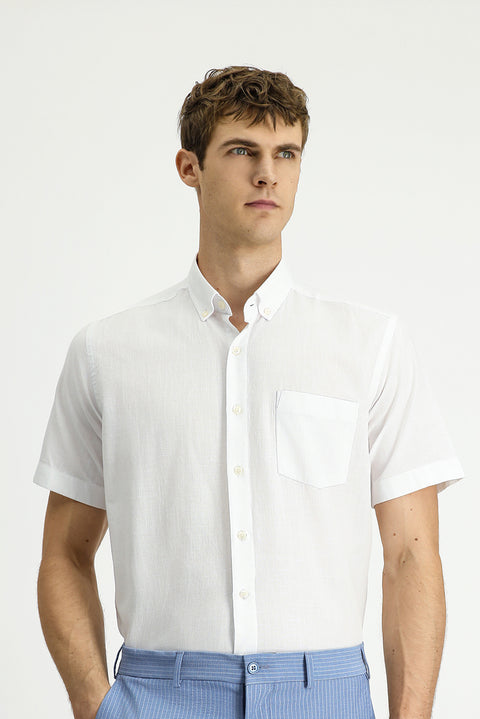 White Short Sleeve Regular Fit Button-Down Collar Cotton Shirt