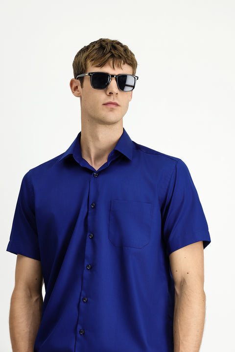 Medium Navy Short Sleeve Regular Fit Cotton Non-Iron Shirt